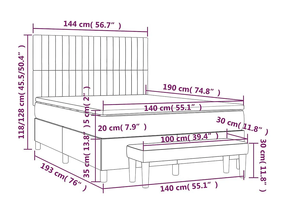 Cama box spring con colchón tela gris claro 140x190 cm