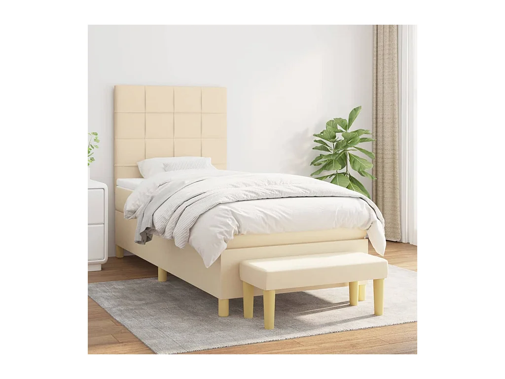 Cama box spring con colchón tela color crema 90x200 cm
