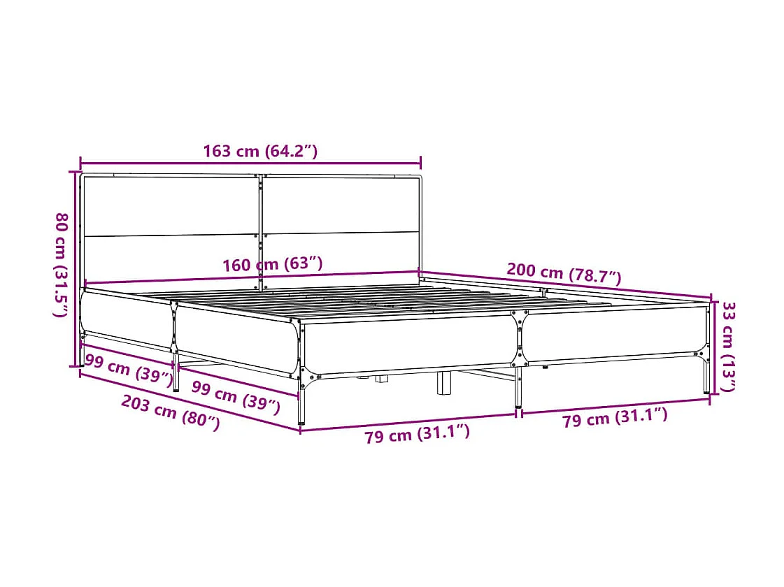 Estructura cama madera ingeniería metal marrón roble 160x200 cm