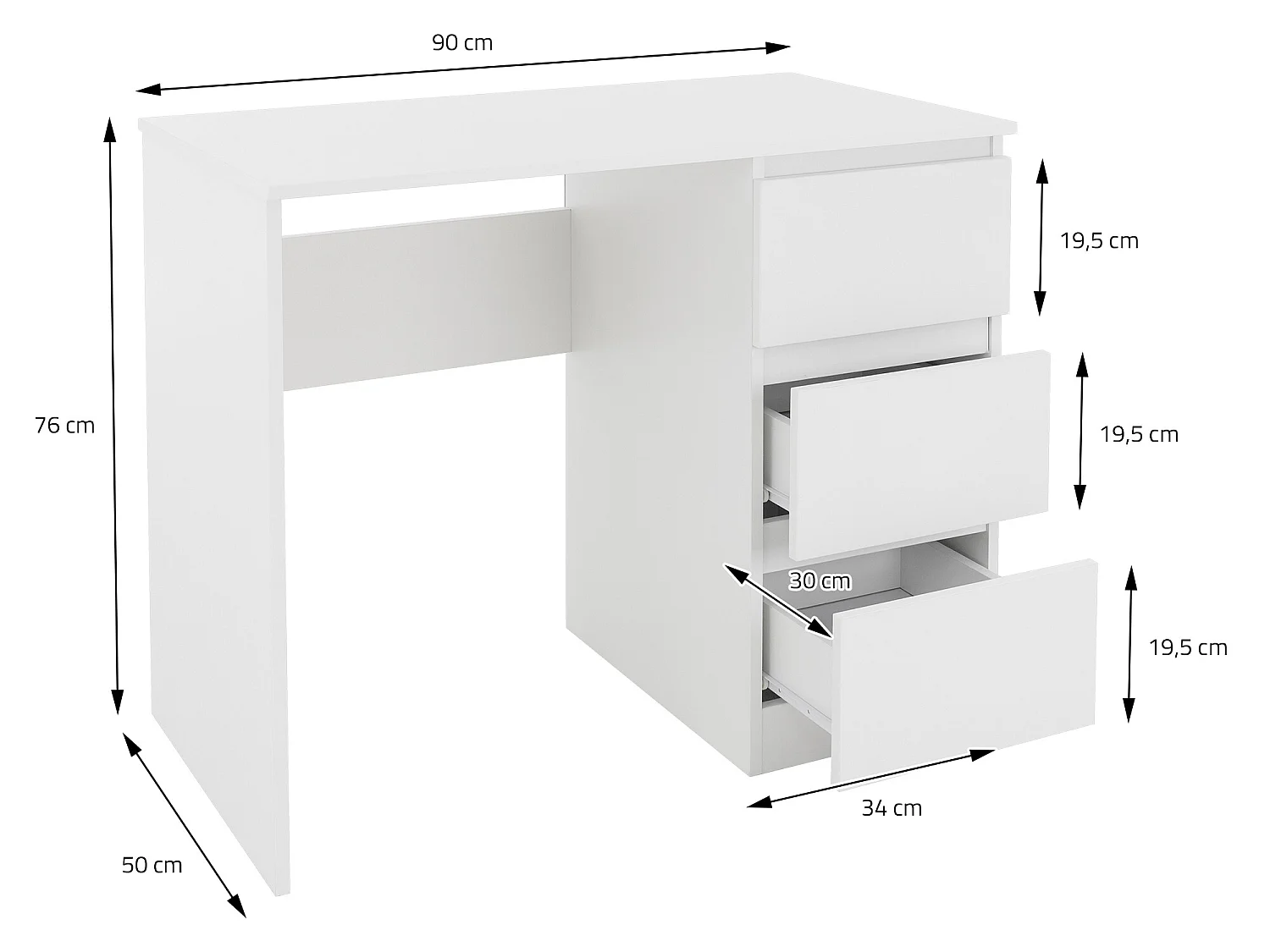 Bureau informatique avec 3 tiroirs table de travail blanc mat ML-DESIGN