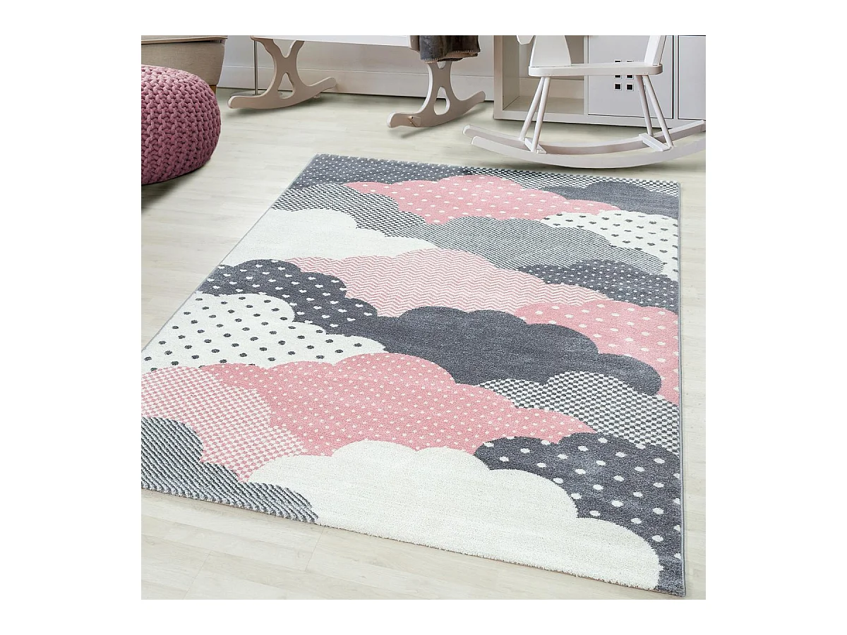 Tapis enfant 80x150 rectangle tissé rose et gris CLOUDY
