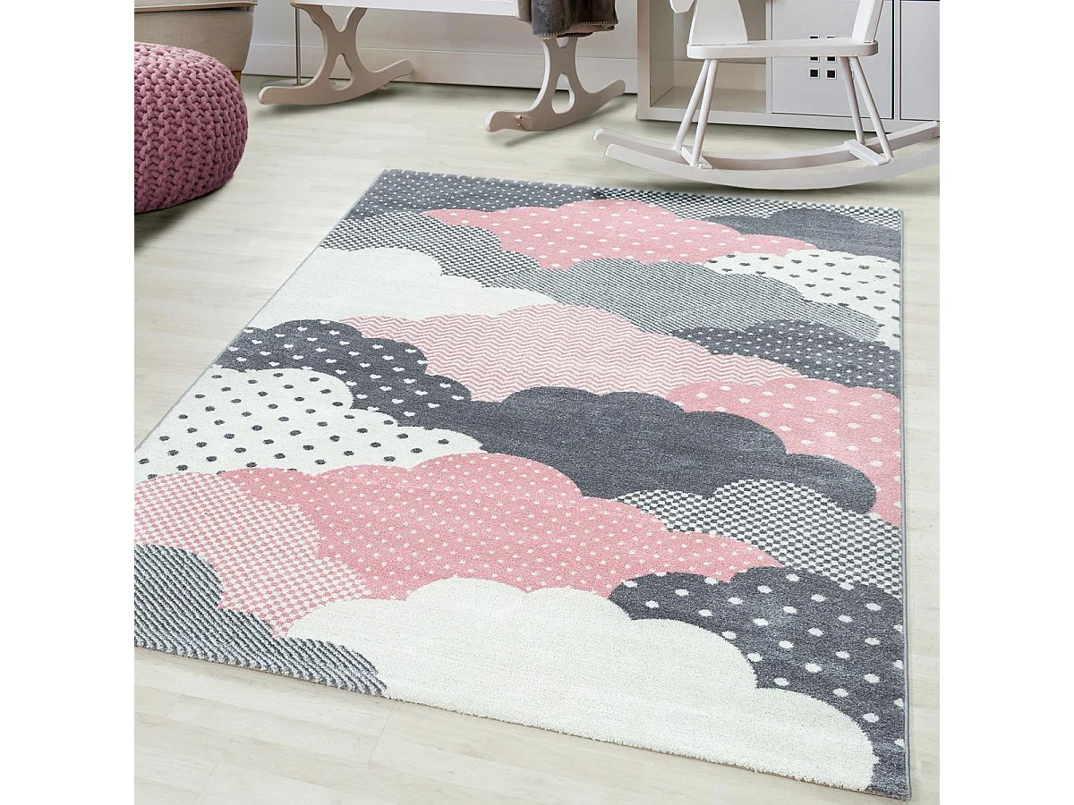 Tapis enfant 80x150 rectangle tissé rose et gris CLOUDY