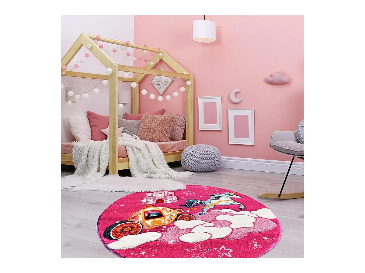 Tapis enfant Ø140cm rond tissé rose motif animaux LYN8 CHATOLI