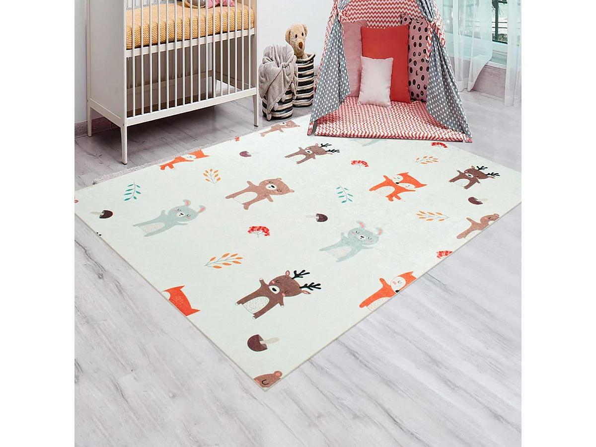 Tapis enfant 120x160 rectangle tissé crème motif animaux FORET