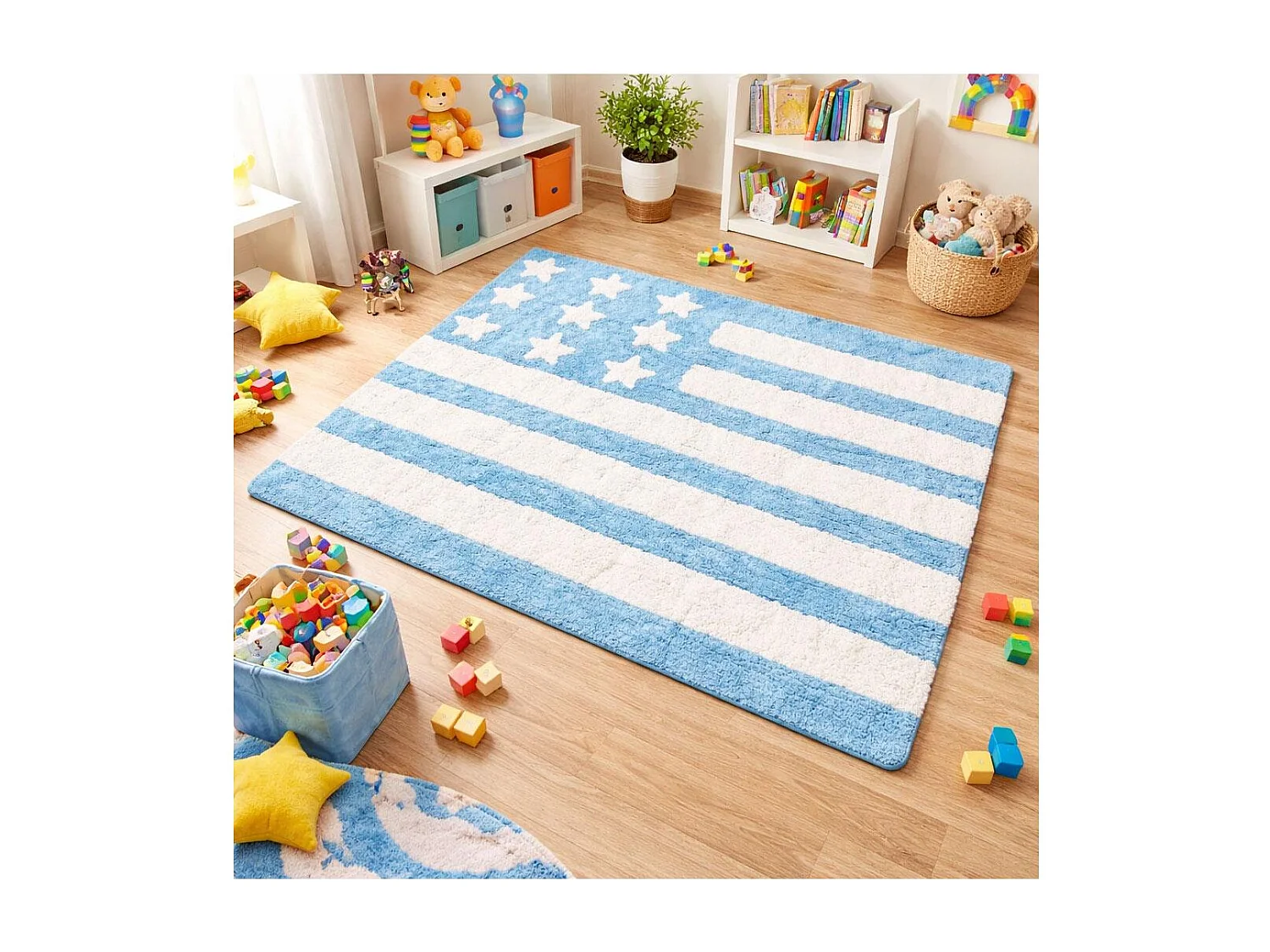 Tappeto per bambini 124x167 realizzato a mano in cotone DRAPA blu e bianco