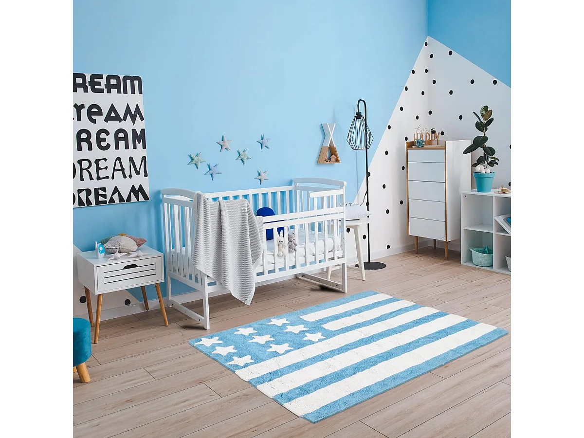 Tappeto per bambini 124x167 realizzato a mano in cotone DRAPA blu e bianco