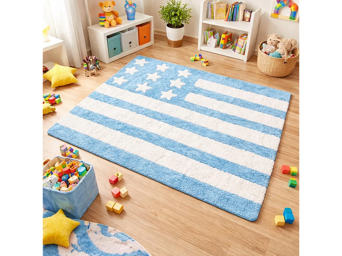 Tapis enfant 124x167 fait main en coton bleu et blanc DRAPA