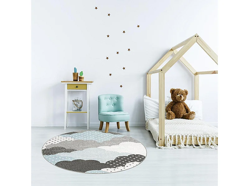 Tapis enfant Ø120cm rond tissé bleu et gris CLOUDY