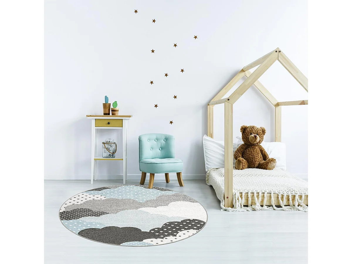 Tapis enfant Ø120cm rond tissé bleu et gris CLOUDY