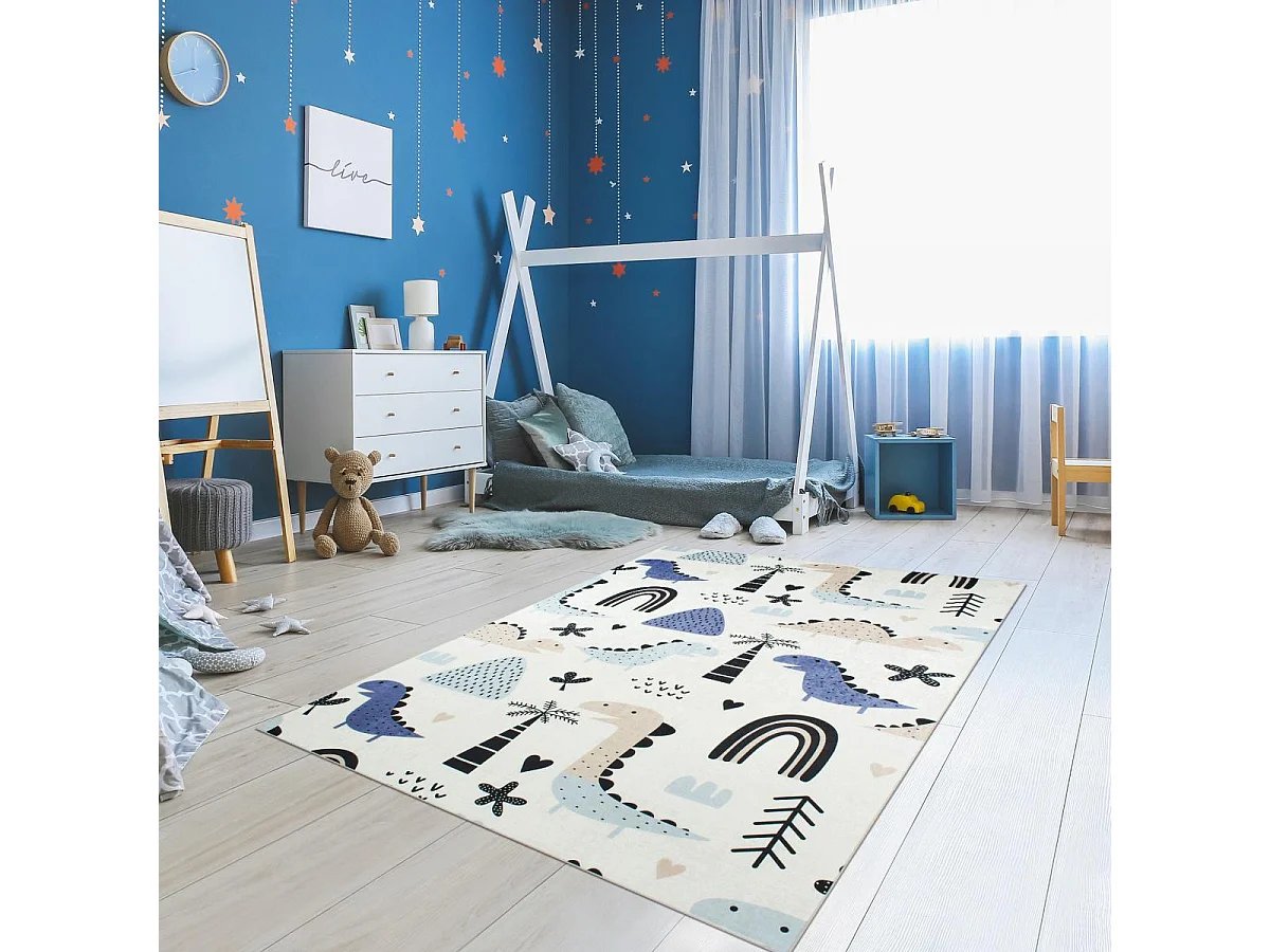 Tapis enfant 80x150 rectangle tissé bleu et crème motif animaux DINO