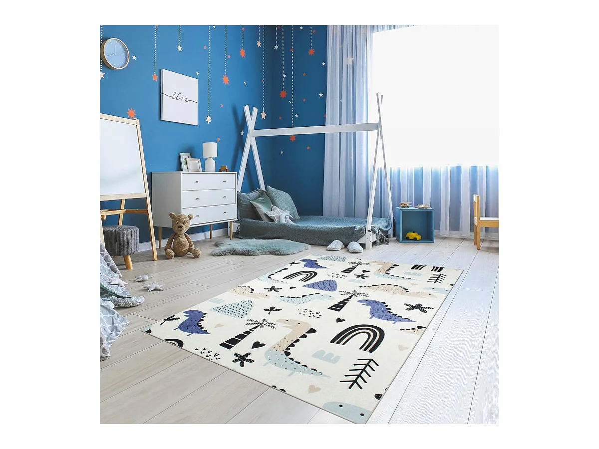 Tapis enfant 80x150 rectangle tissé bleu et crème motif animaux DINO