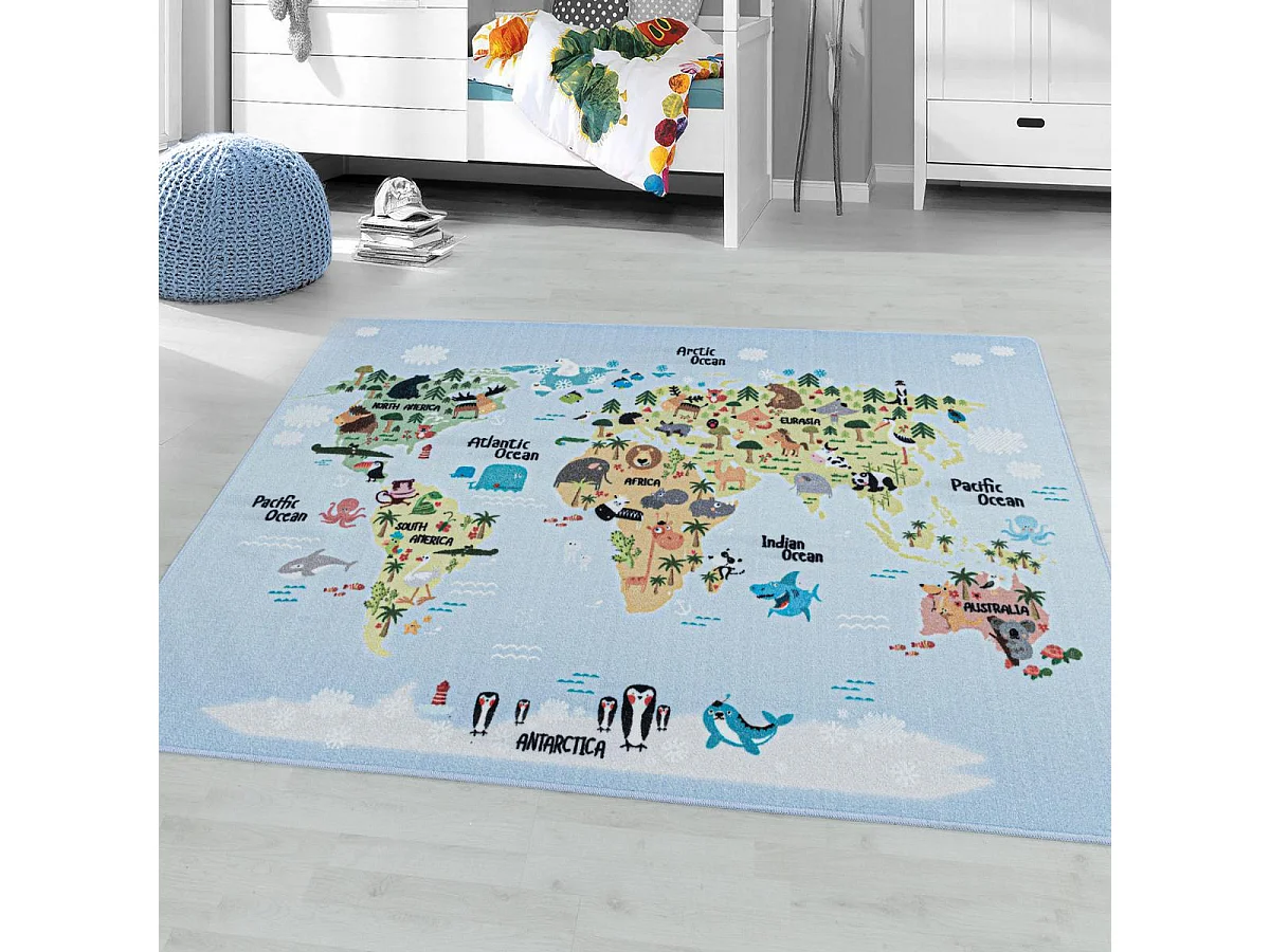 Tapis enfant 80x120 Lavable 30° PLAYMAP bleu