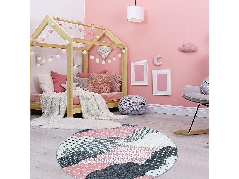 Tapis enfant Ø120cm rond tissé rose et gris CLOUDY