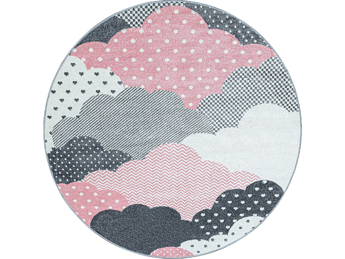 Tapis enfant Ø120cm rond tissé rose et gris CLOUDY