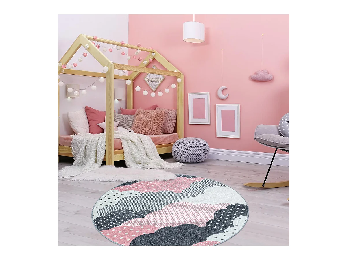 Tapis enfant Ø120cm rond tissé rose et gris CLOUDY
