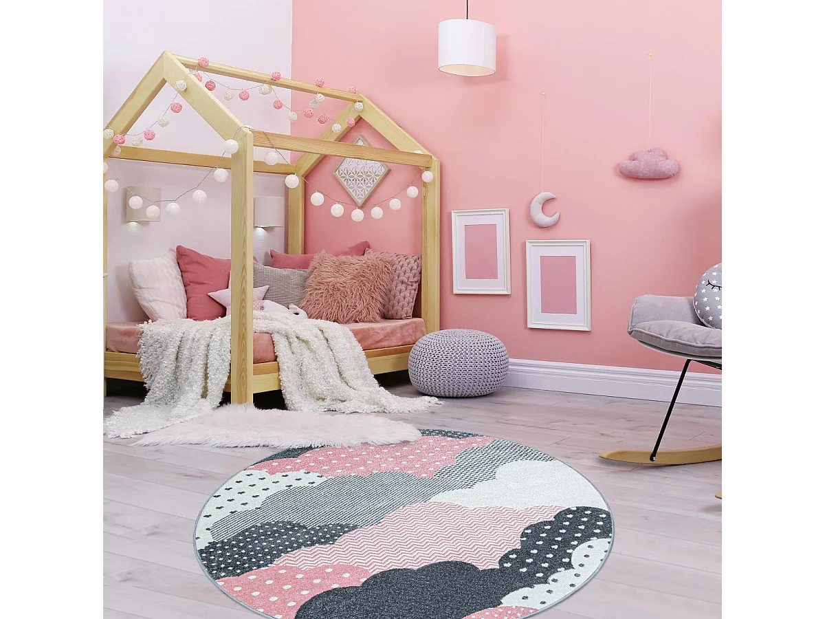 Tapis enfant Ø120cm rond tissé rose et gris CLOUDY