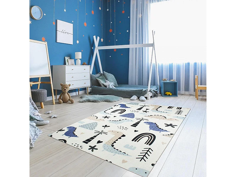 Tapis enfant 160x230 tissé bleu et crème motif animaux DINO