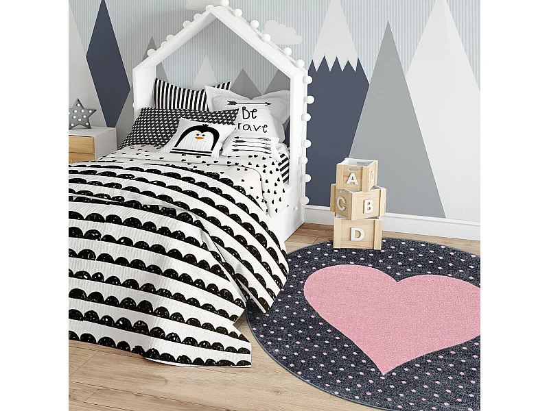 Tapis enfant Ø120cm rond tissé rose et gris PINKAR