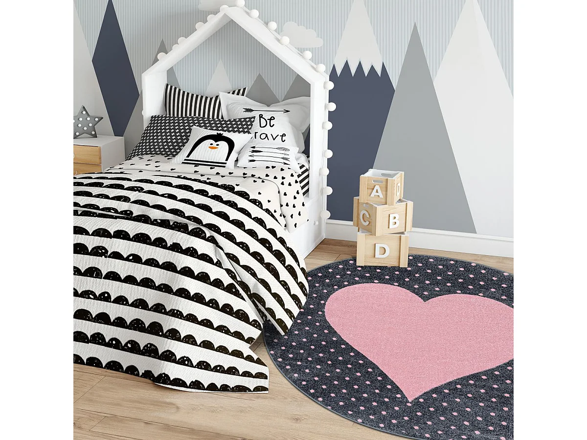 Tapis enfant Ø120cm rond tissé rose et gris PINKAR