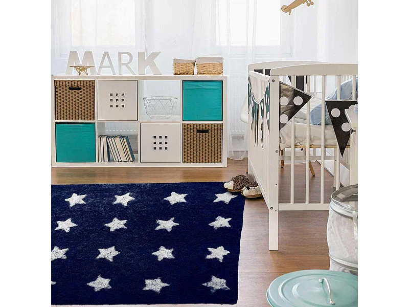 Tapis enfant Ø140cm rond fait main en coton bleu foncé ETOILE