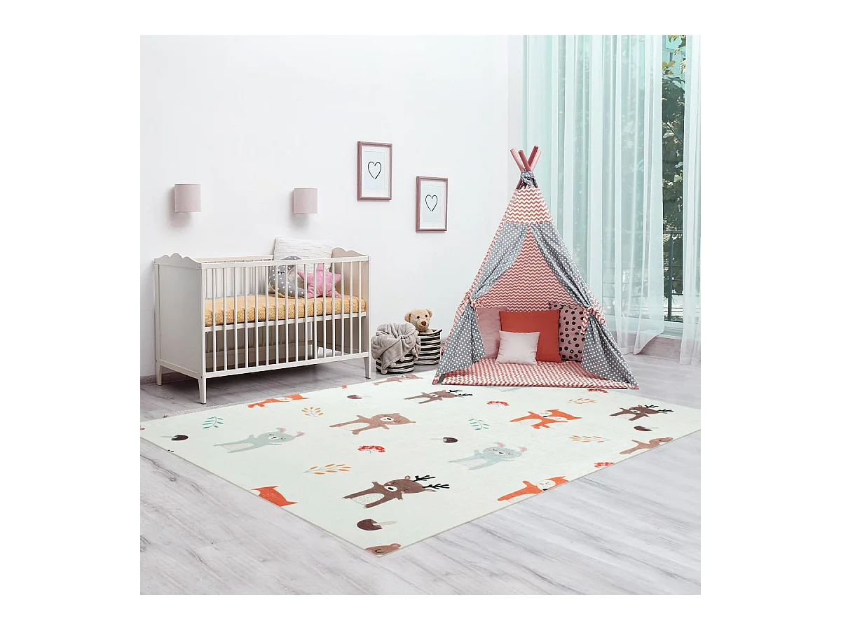 Tapis enfant 160x230 rectangle tissé crème motif animaux FORET