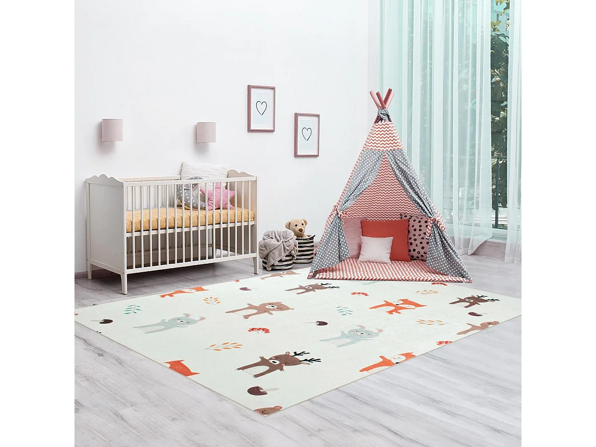 Tapis enfant 160x230 rectangle tissé crème motif animaux FORET