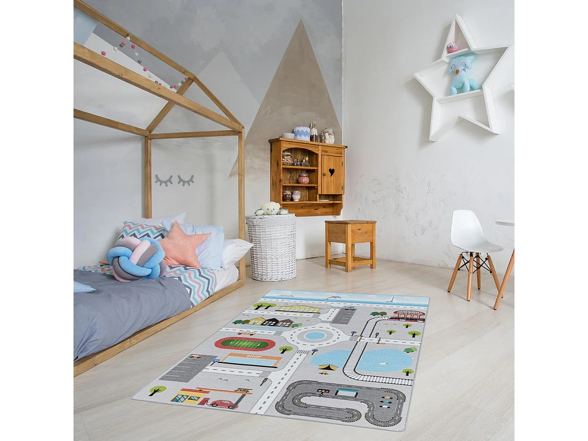 Tapis enfant 140x200 Lavable 30° CIRPLAY gris et bleu