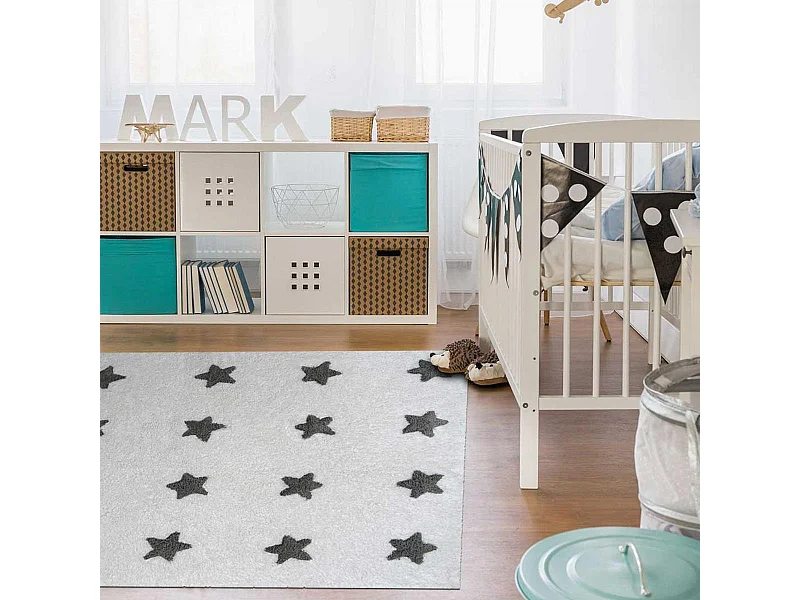 Tapis enfant Ø140cm rond fait main en coton blanc ETOILE