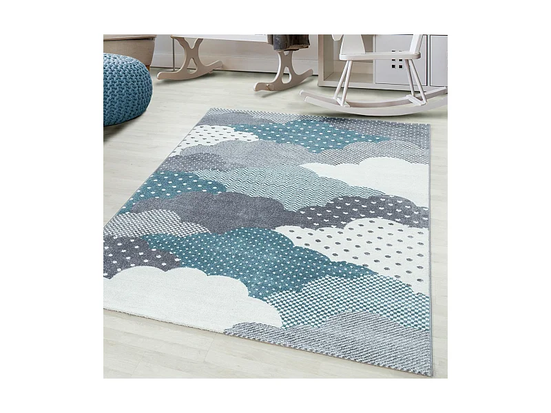 Tapis enfant 80x150 rectangle tissé bleu et gris CLOUDY