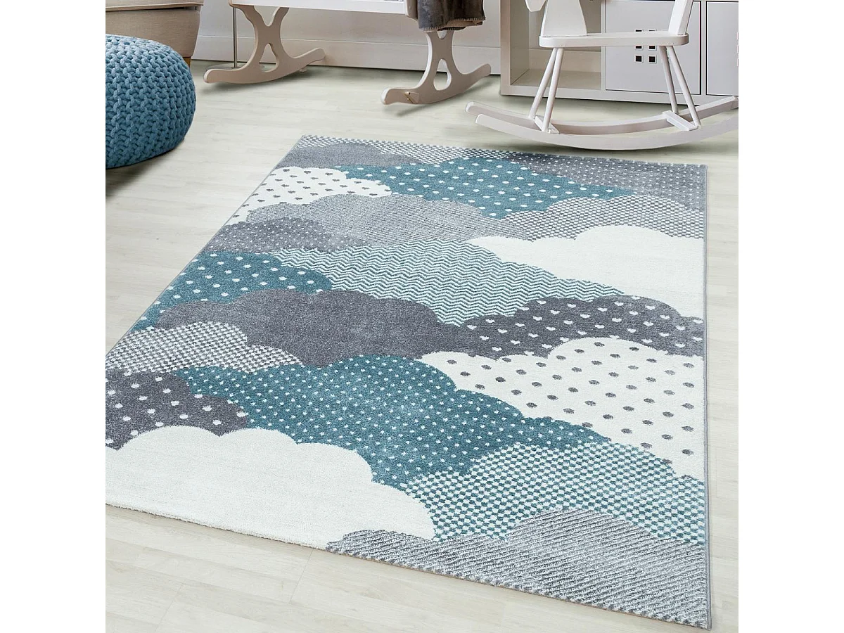 Tapis enfant 80x150 rectangle tissé bleu et gris CLOUDY
