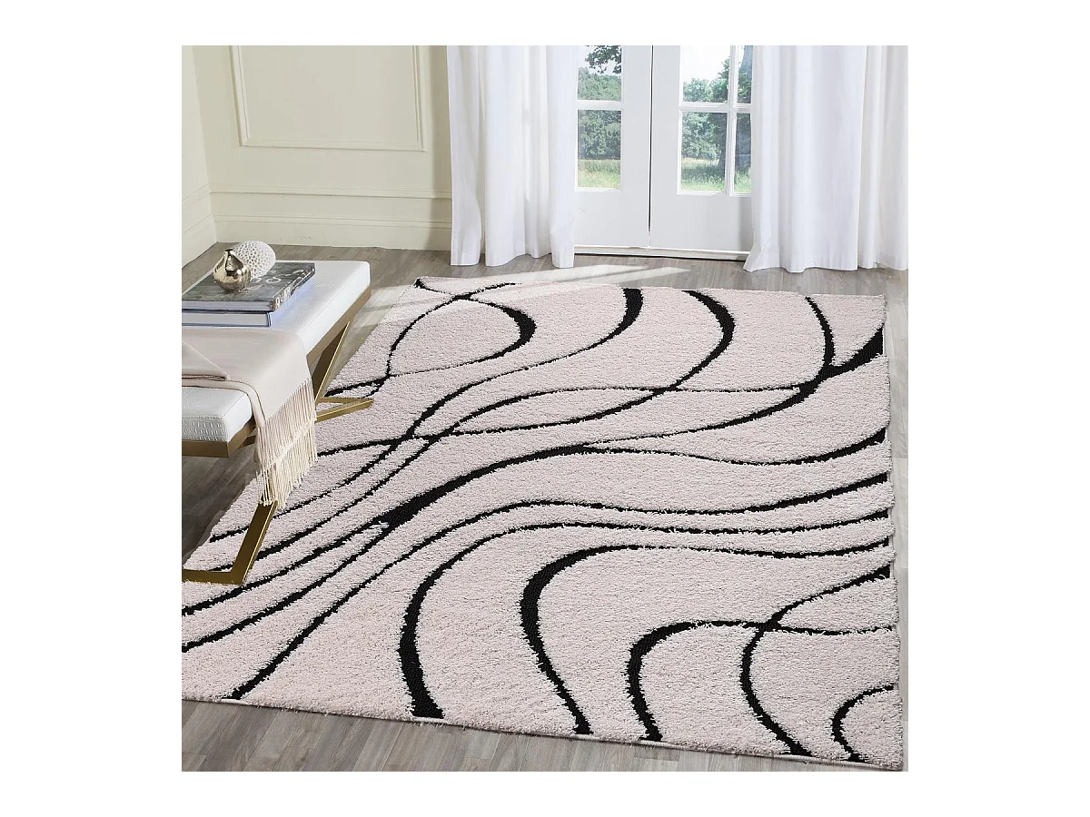 Tapis shaggy Ø120cm rond tissé crème motif géométrique POUDA