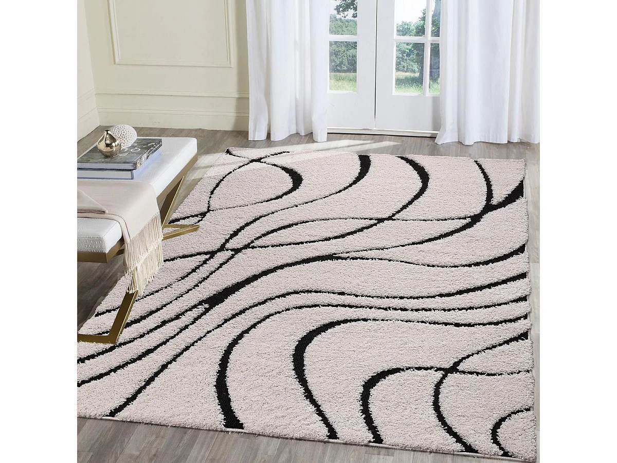 Tapis rond shaggy Ø120cm tissé crème motif géométrique POUDA