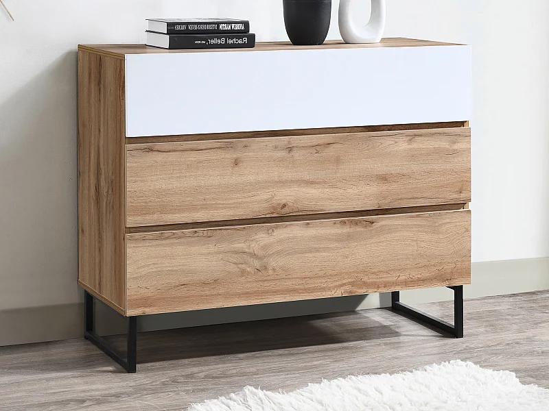 Commode avec 3 tiroirs - Coloris : Naturel et blanc - CEVANIA