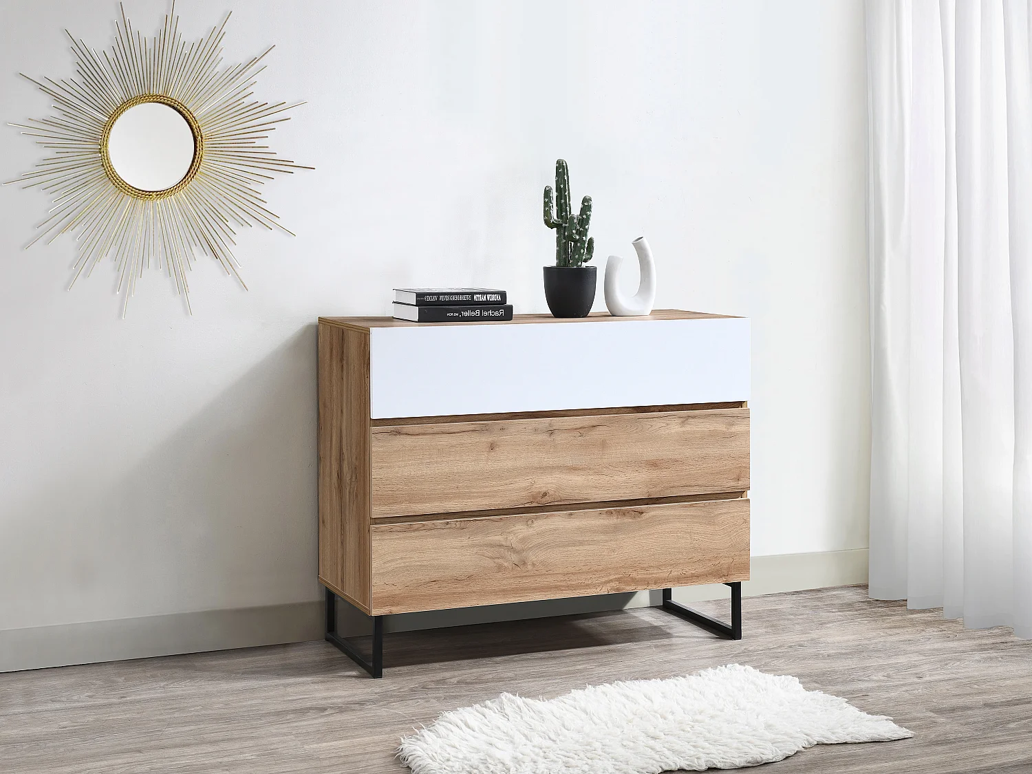 Commode avec 3 tiroirs - Coloris : Naturel et blanc - CEVANIA