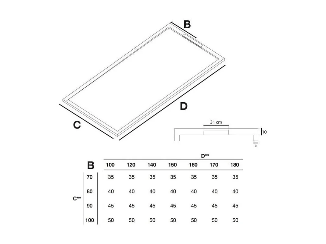 Receveur de douche 70x130cm extra plat LUX en résine surface ardoisée gris