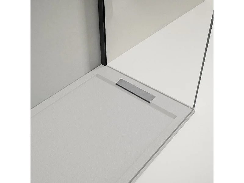 Mineralguss-Duschwanne extra flach LUX Schieferoptik grau 90x120cm Edelstahl in chrom