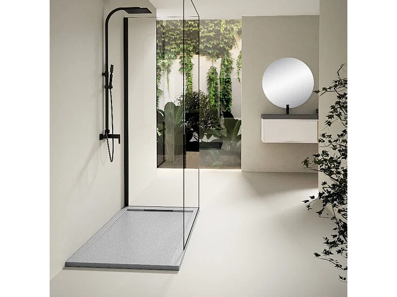 Mineralguss-Duschwanne extra flach LUX Schieferoptik grau 90x100cm Edelstahl in chrom Ablaufschutz in Chrom
