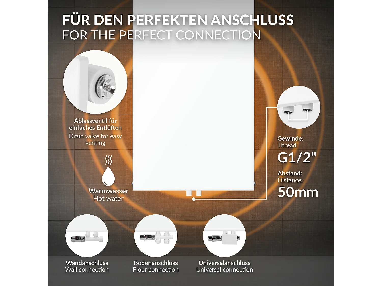 LuxeBath Radiateur de salle de bain 1600x604 mm Blanc Plat avec garniture de raccordement Universel Forme d'angle et de passage Thermostat multibloc