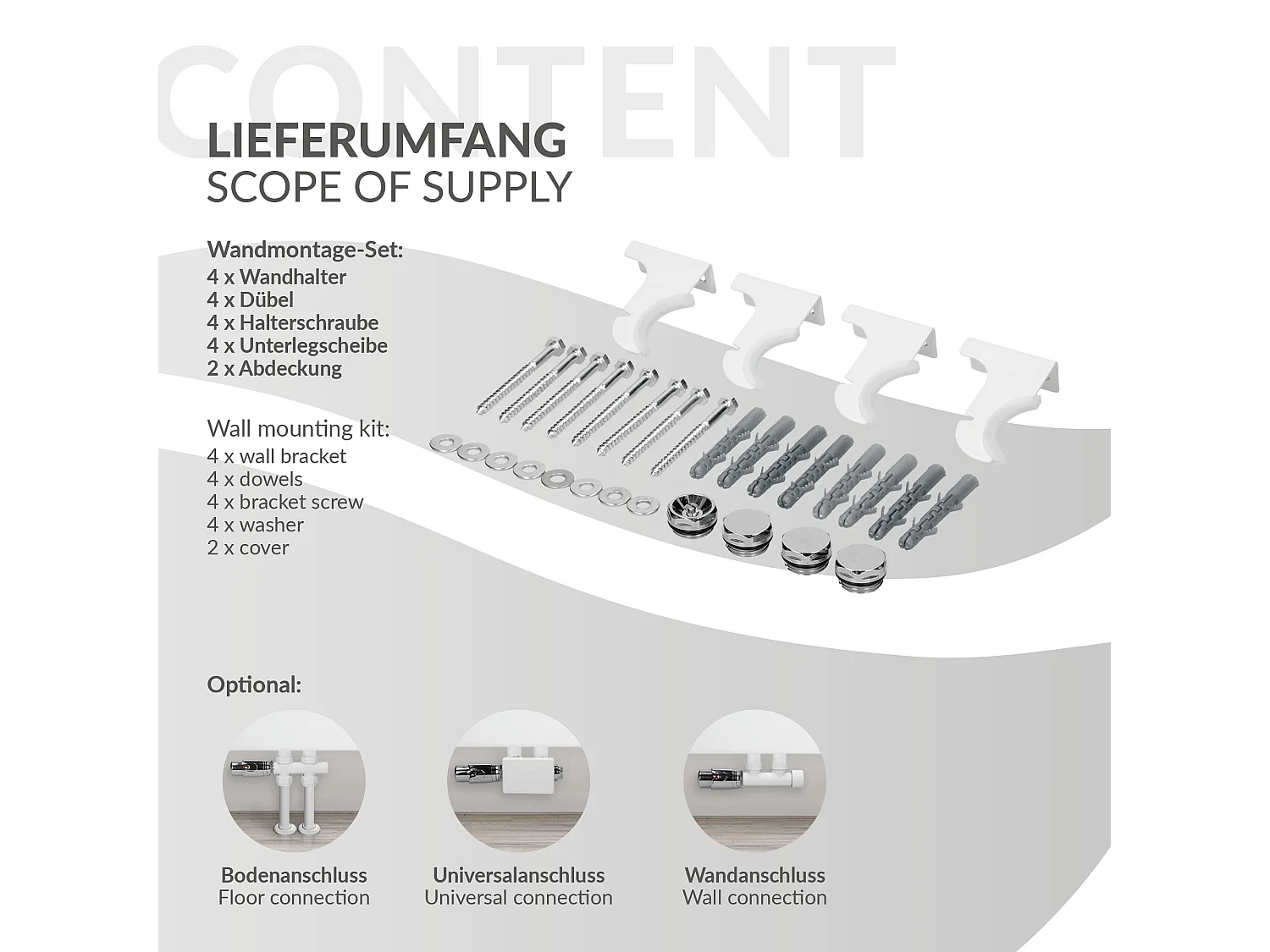 LuxeBath Radiateur de salle de bain 1600x604 mm Blanc Plat avec garniture de raccordement Universel Forme d'angle et de passage Thermostat multibloc