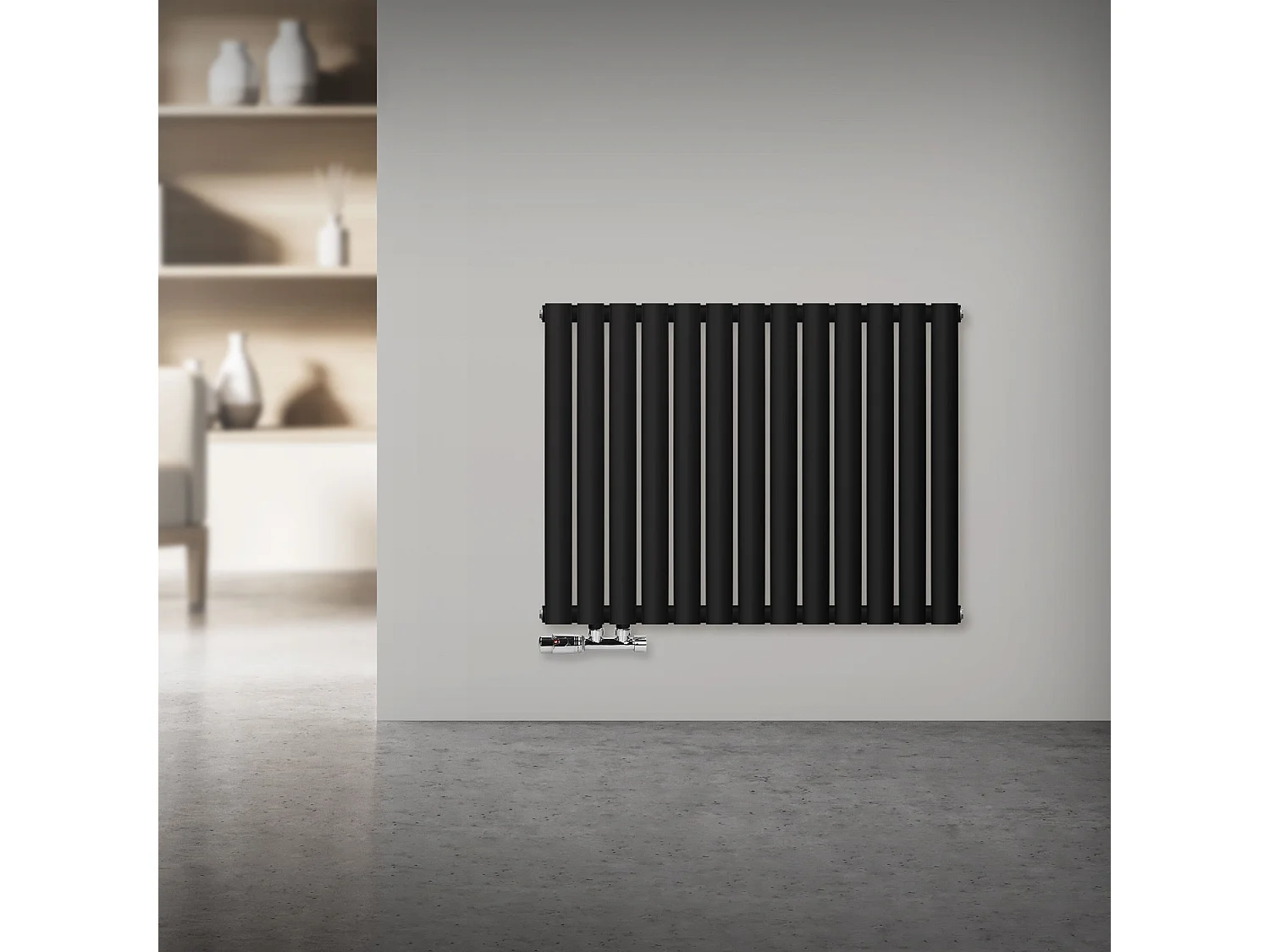 LuxeBath Panneau chauffant Simple couche 600x780 mm Noir mat + kit de raccordement avec thermostat Forme d'angle mur Chrome