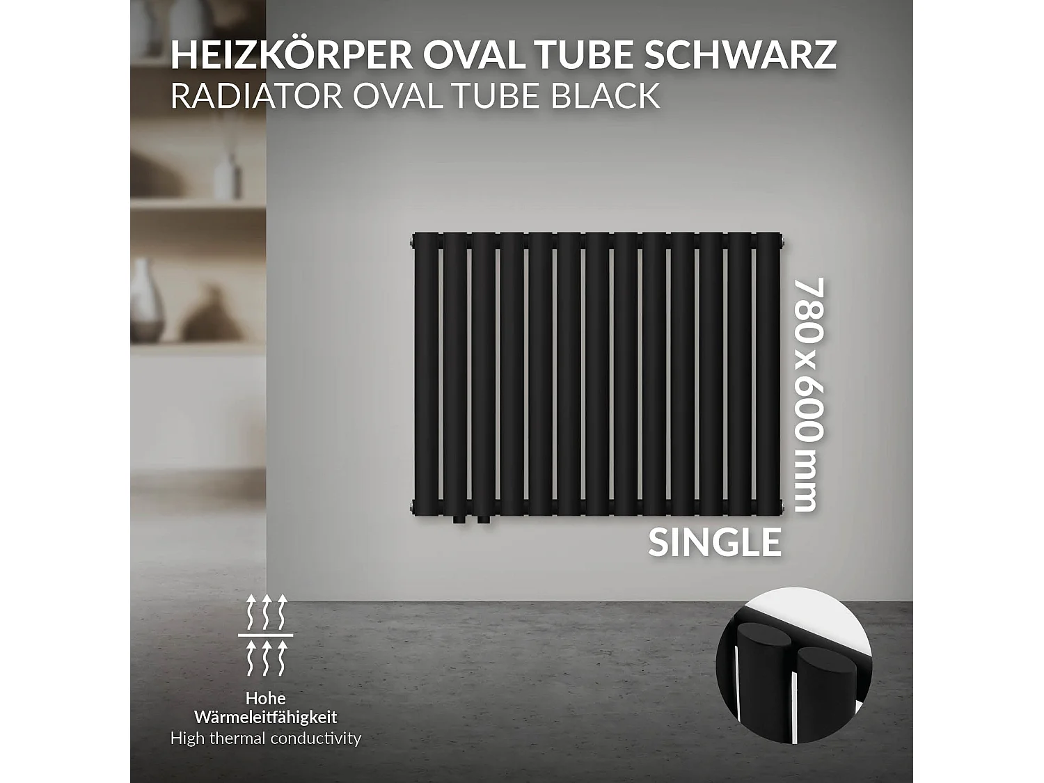 LuxeBath Panneau chauffant Simple couche 600x780 mm Noir mat + kit de raccordement avec thermostat Forme d'angle mur Chrome