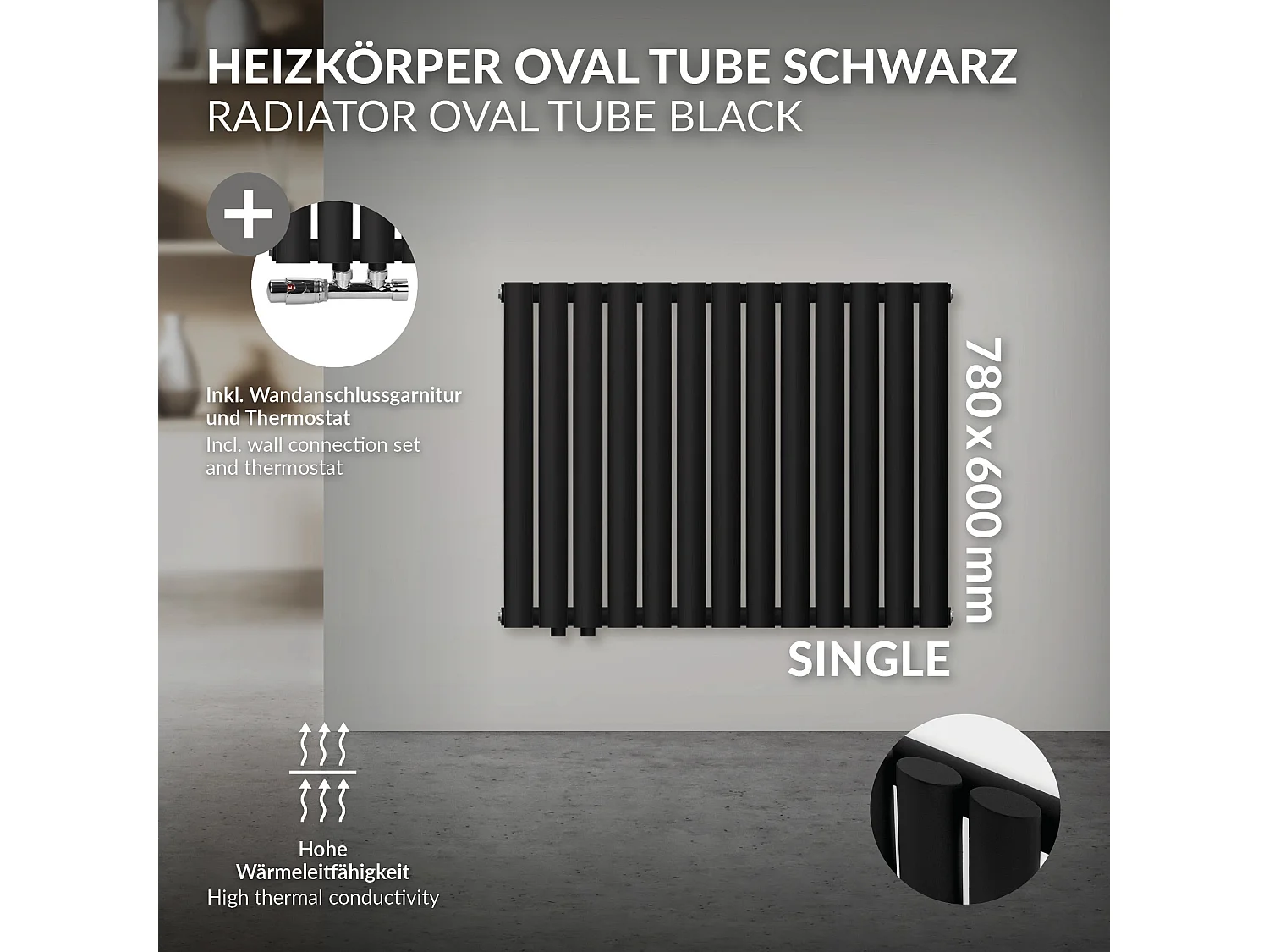 LuxeBath Panneau chauffant Simple couche 600x780 mm Noir mat + kit de raccordement avec thermostat Forme d'angle mur Chrome