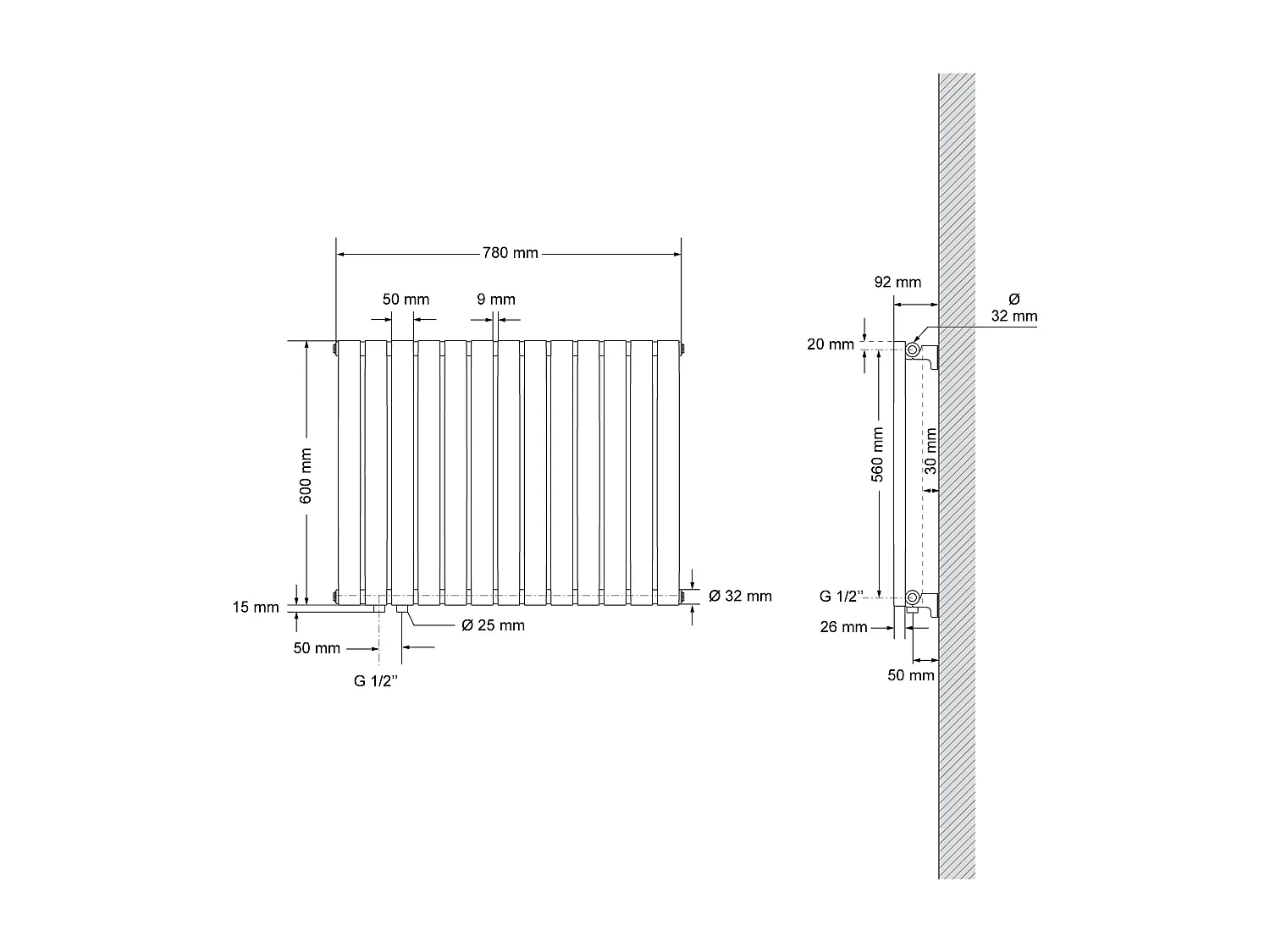 LuxeBath Panneau chauffant Simple couche 600x780 mm Noir mat + kit de raccordement avec thermostat Forme d'angle mur Chrome