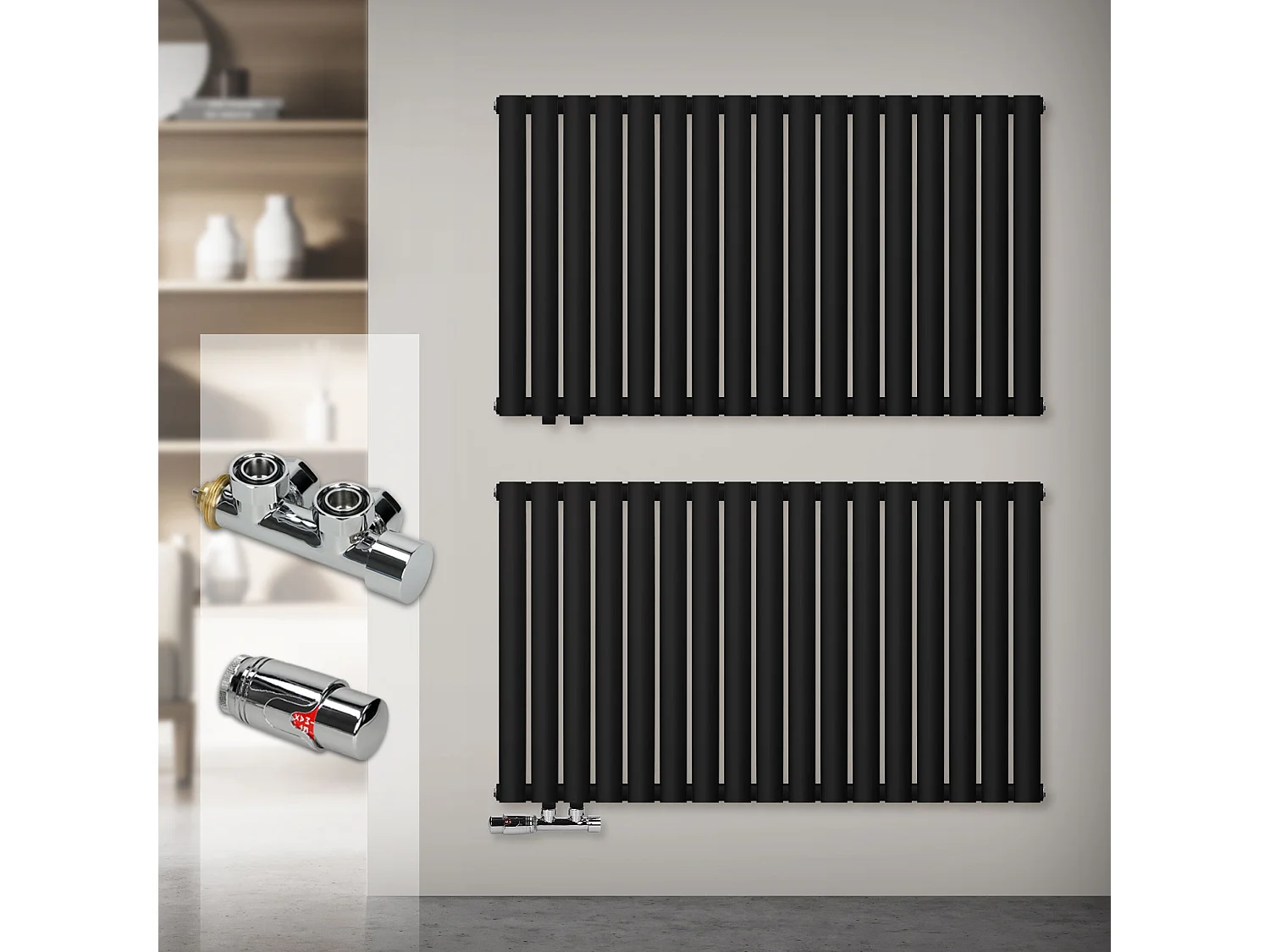 LuxeBath Panneau chauffant Simple couche 600x780 mm Noir mat + kit de raccordement avec thermostat Forme d'angle mur Chrome