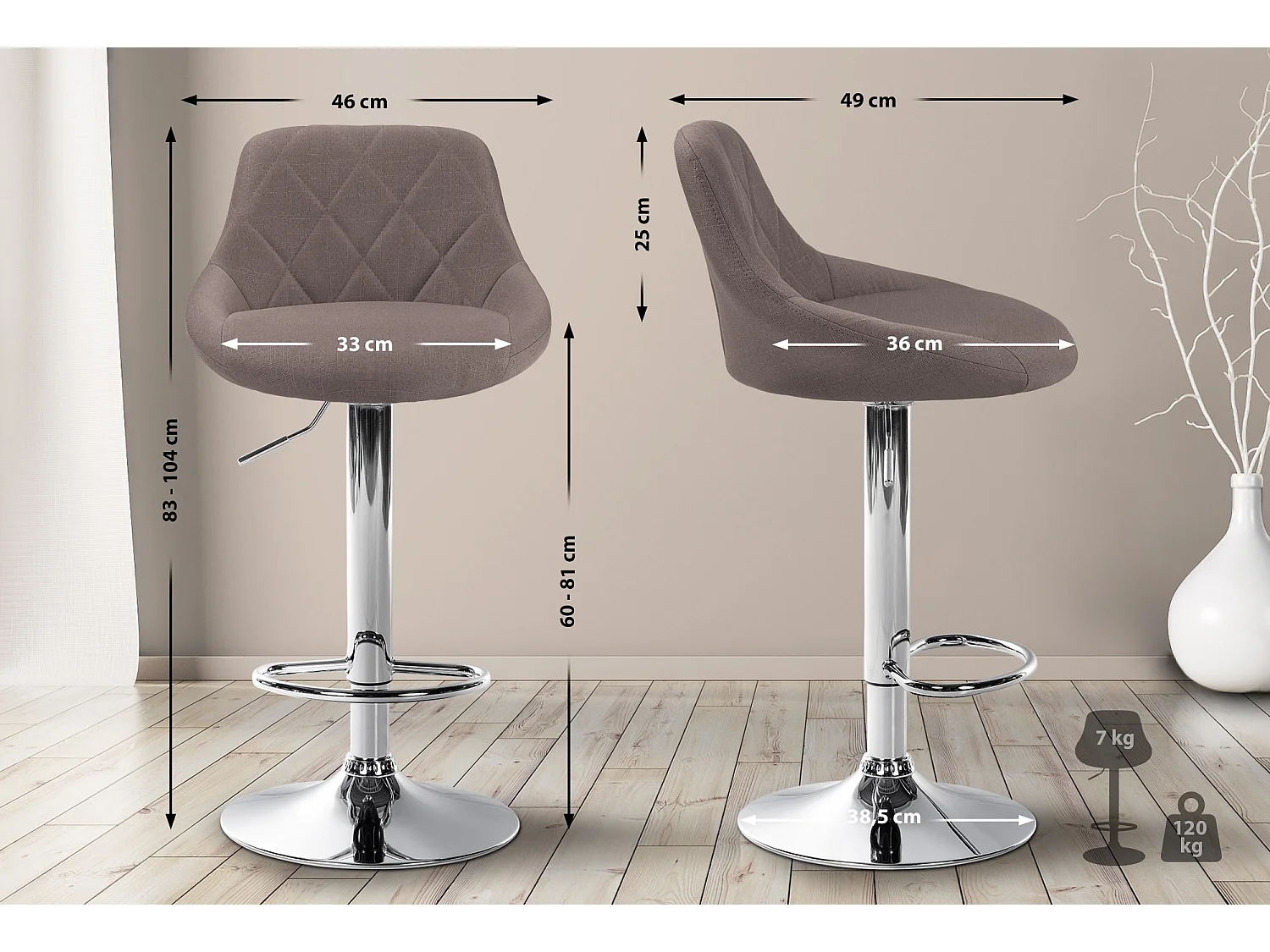 Tabouret de bar - Tissu & Chrome - Taupe - Lazio