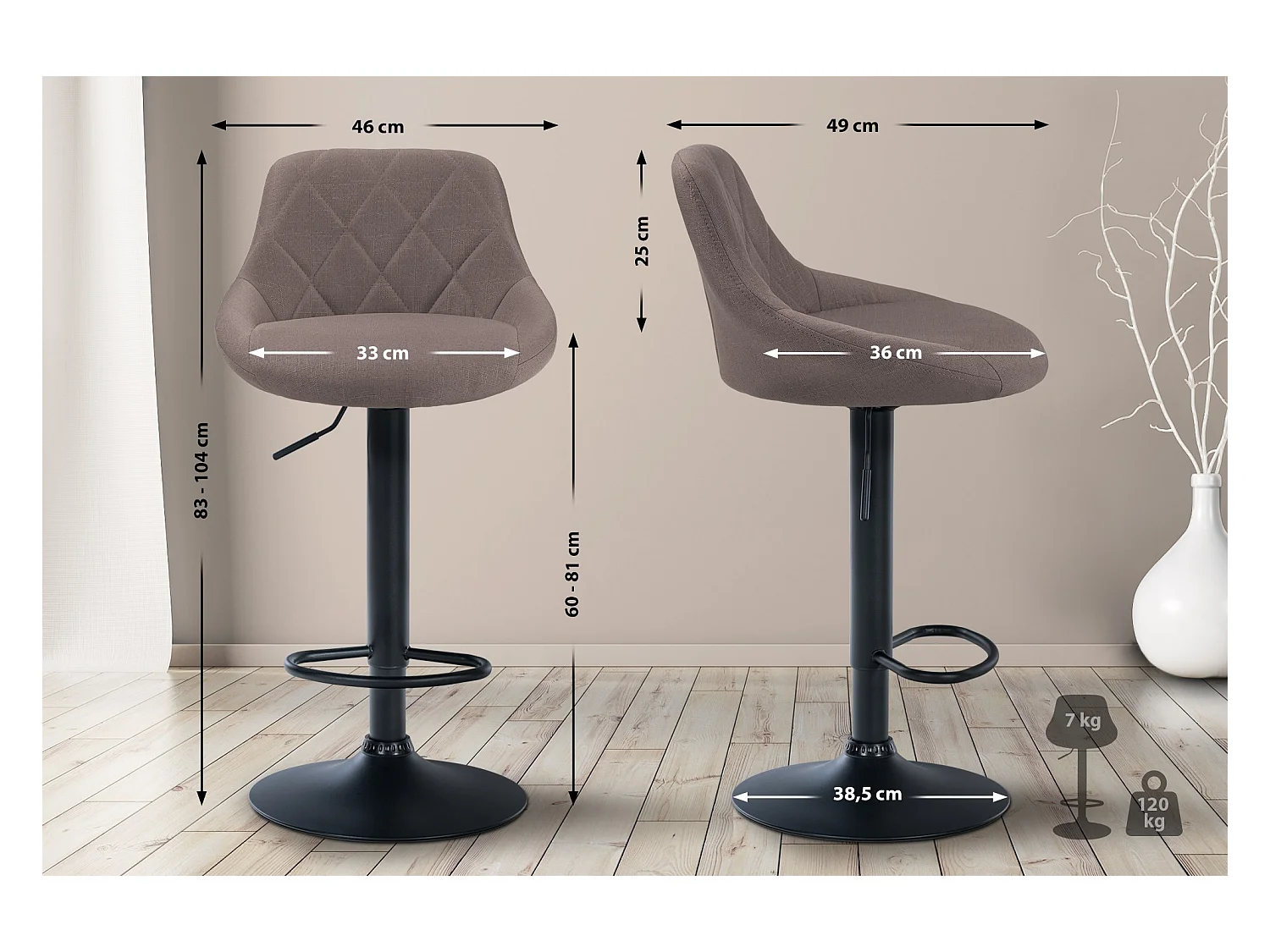 Tabouret de bar - Tissu & Noir - Taupe - Lazio