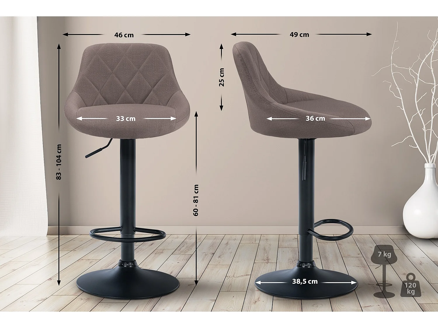 Tabouret de bar - Tissu & Noir - Taupe - Lazio