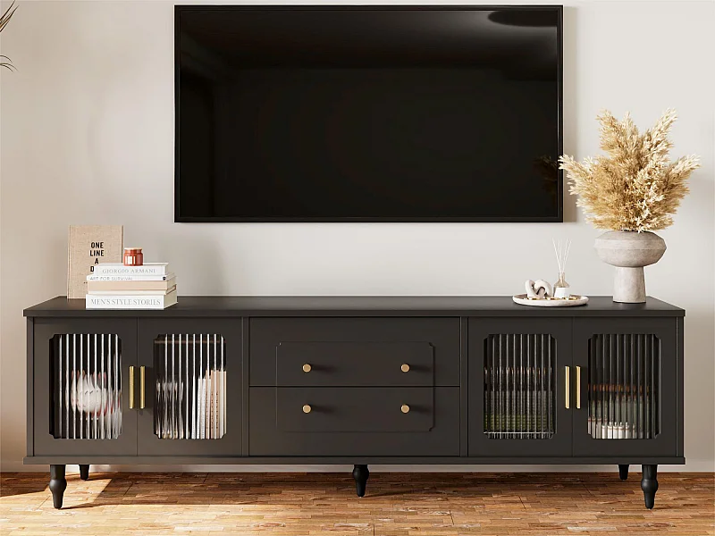 Modern TV-meubel - met rotan deuren en 2 lades - metalen poten - Zwart