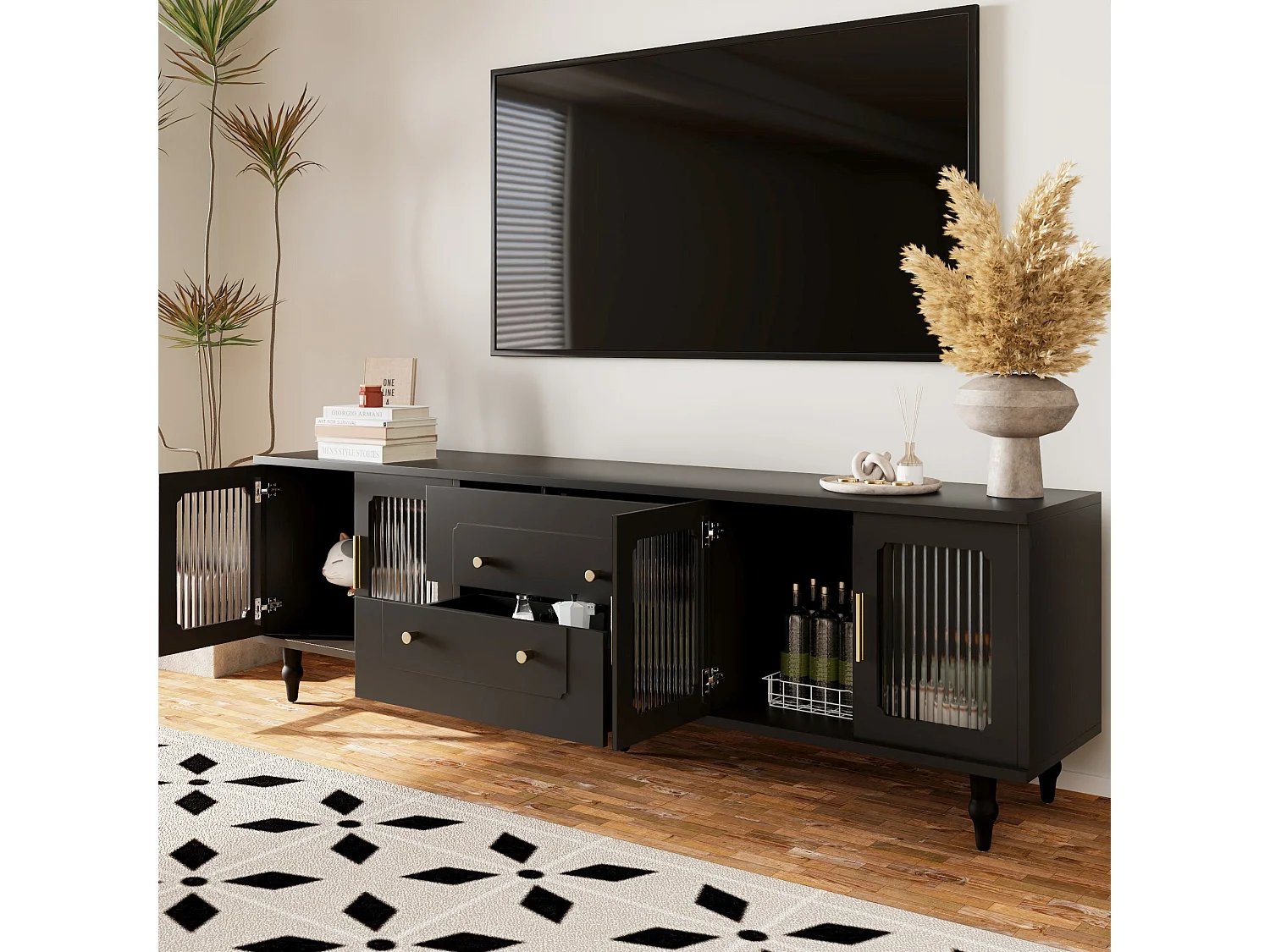 Meuble TV moderne - avec portes en rotin et 2 tiroirs - pieds en métal - Noir