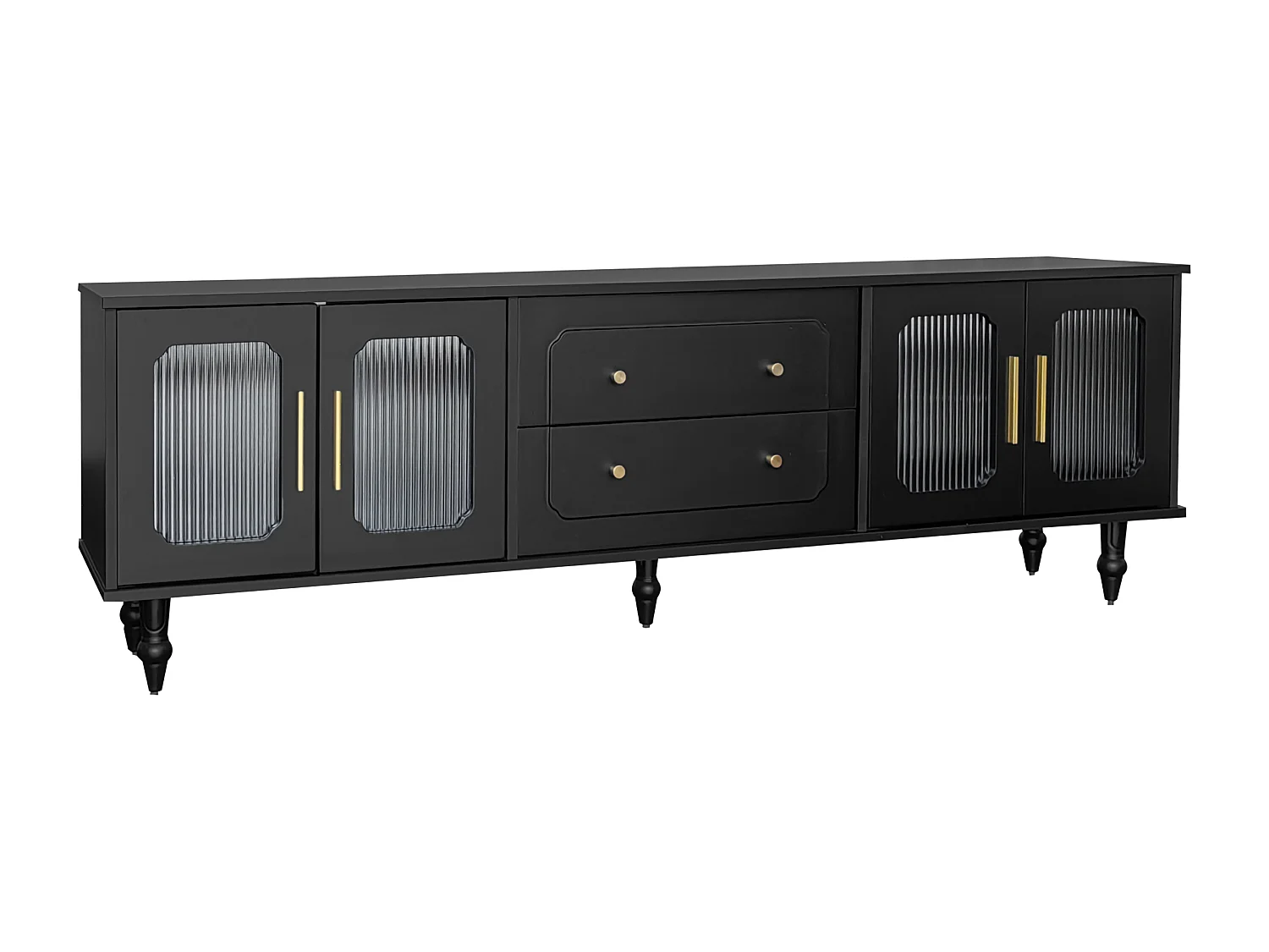 Meuble TV moderne - avec portes en rotin et 2 tiroirs - pieds en métal - Noir